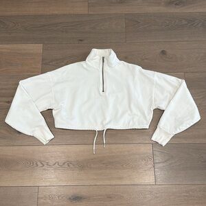 TAN + LINES White Montecito Half Zip Cropped Cinch Waist Long Sleeve Top Size XS